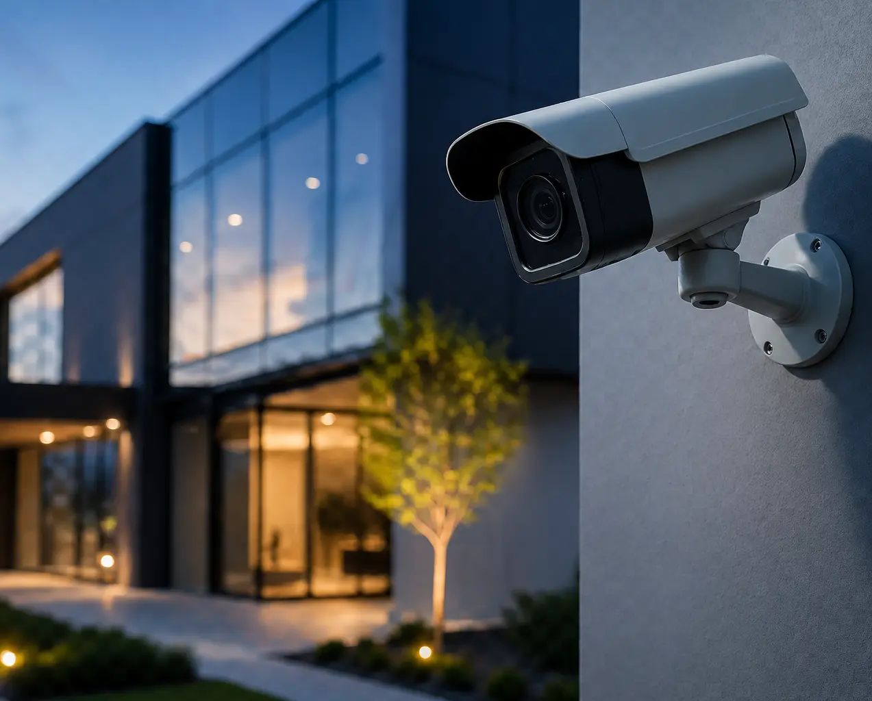 Câmera de segurança CFTV instalada em fachada residencial moderna ao entardecer